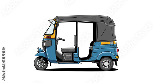 Colorful auto rickshaw with detailed design on white background