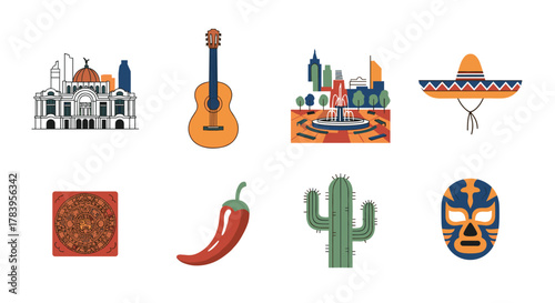 Colorful mexican culture elements: from architecture to cuisine in icon set