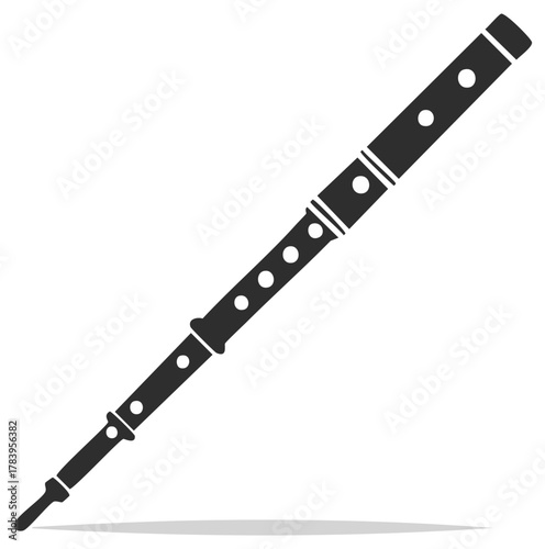 Simple silhouette illustration of a recorder instrument with finger holes and a mouthpiece