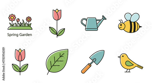 Charming spring garden icons featuring flowers, tools, and wildlife in flat design