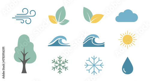 Minimalist nature elements: wind, leaves, clouds, waves, sun, tree, snowflakes, raindrop icons
