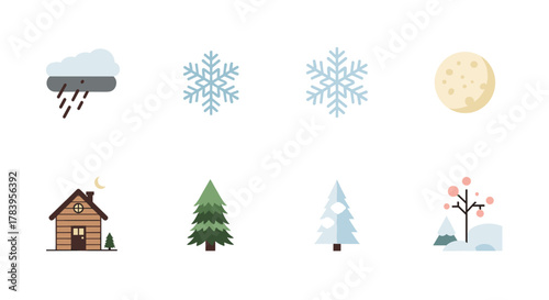 Minimalist winter elements collection featuring snowflakes, trees, and cabin