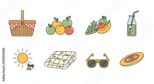 Summer picnic icons: basket, fruits, juice, and fun essentials in a colorful flat design