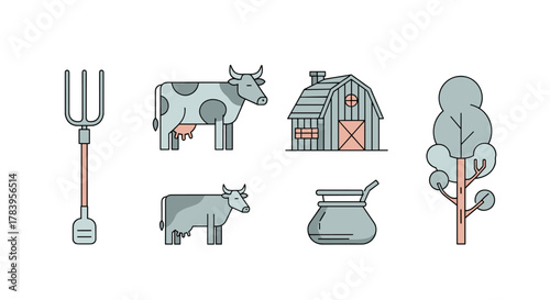 Flat farmhouse and livestock elements with barn, cow, and pitchfork