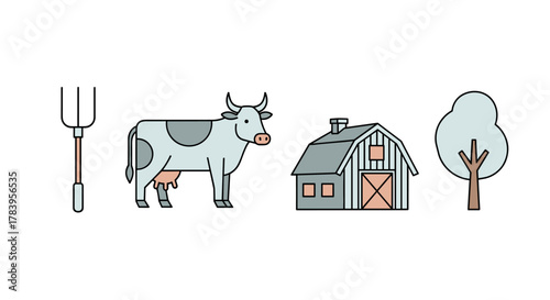 Minimalist farm set: cow, barn, tree, and pitchfork in linear style