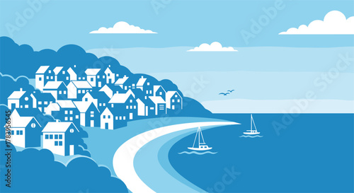 Coastal village scene with boats and hills in minimalist blue and white