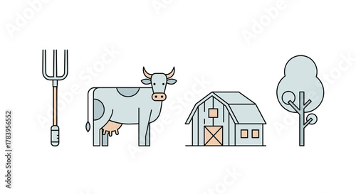 Farm life icons: minimalist style with cow, barn, pitchfork, and tree