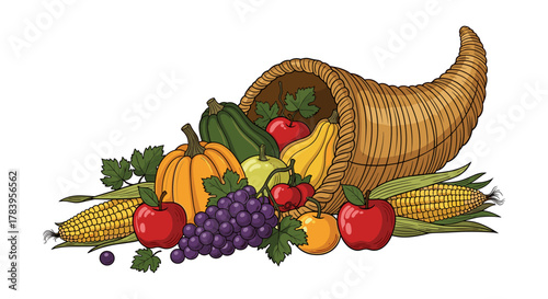 Cornucopia with colorful autumn harvest of fruits and vegetables