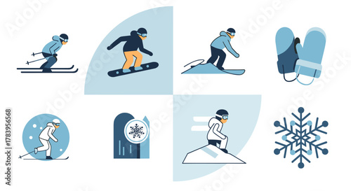 Winter sport icons: skiing and snowboarding in modern minimalist style
