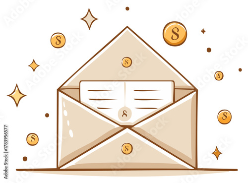 Open envelope revealing golden coins and letter financial communication concept