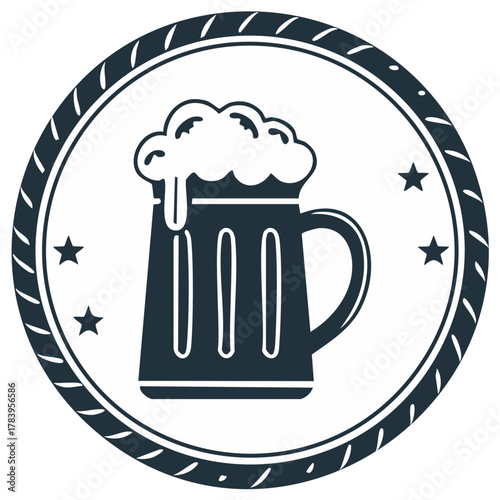 Stylized Beer Mug with Frothy Foam in Decorative Circular Badge with Stars Graphic Icon