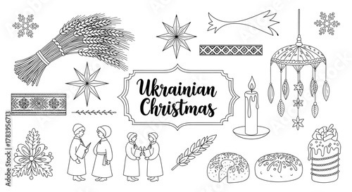 Ukrainian christmas traditions: line art with holiday symbols and decorations