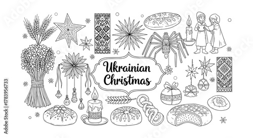 Ukrainian christmas traditions in black and white line art