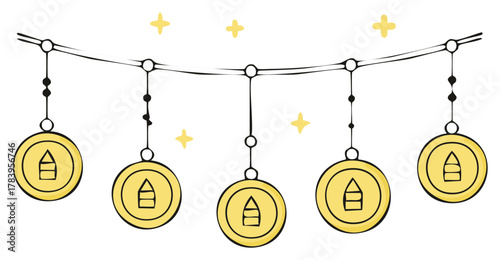 Festive doodle illustration of a garland with hanging gold coins and house icons for real estate concepts