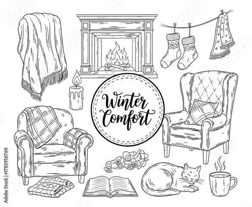 Cozy winter elements with fireplace, armchairs, cat, and warm drinks in linear style