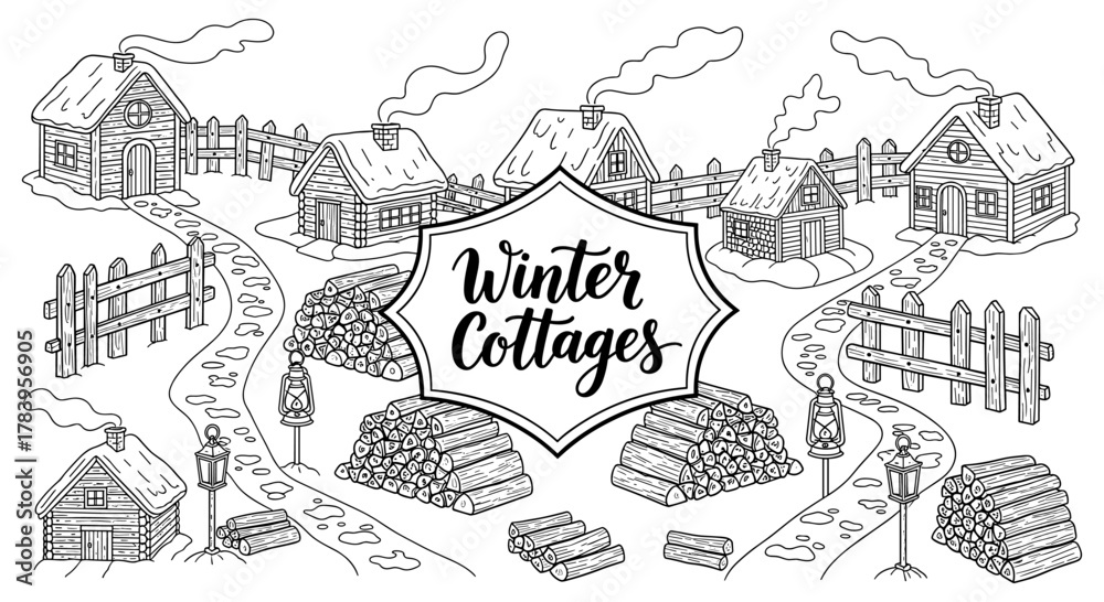 Fototapeta premium Charming winter cottages scene in black and white with snowy paths and firewood