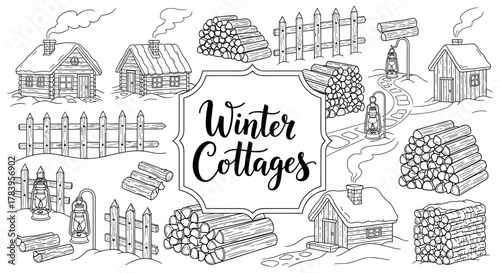 Winter cottages and firewood in a rustic hand-drawn style