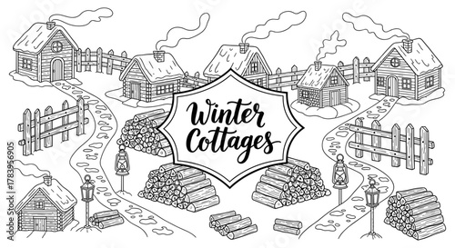 Charming winter cottages scene in black and white with snowy paths and firewood