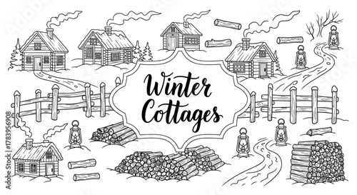 Cozy winter cottages and scenic landscape in black and white linear style