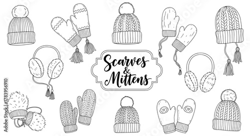 Cozy winter accessories collection featuring scarves, mittens, and more in linear black and white style