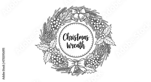 Intricate christmas wreath design featuring bows and holly berries in black and white