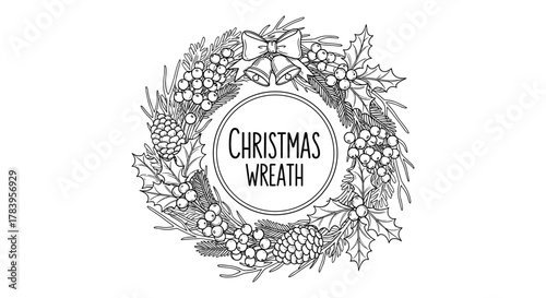 Intricate christmas wreath design with berries, pinecones, and holly in black and white