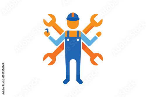 Man in overalls with hardhat is surrounded by orange wrenches on white background