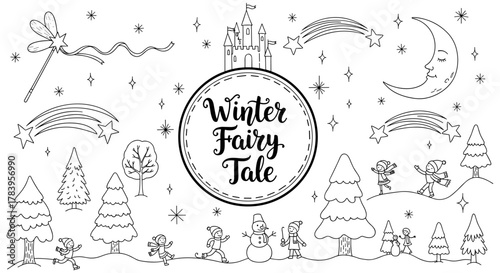 Winter fairy tale coloring page: magical snowy landscape with stars and moon
