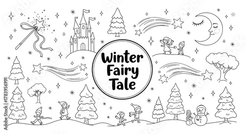Enchanting winter landscape with fairytale elements and playful characters in line art