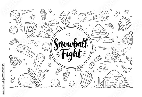 Snowball fight doodle art with igloos and winter accessories