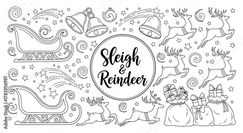 Festive christmas sleigh and reindeer with bells and gifts in black and white