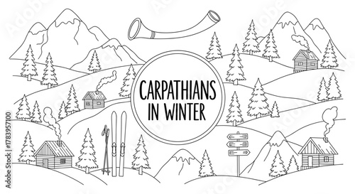 Carpathians in winter: hand-drawn mountain landscape with cabins, trees, and ski gear