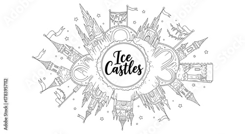 Enchanting ice castles in whimsical doodle art with intricate towers and stars