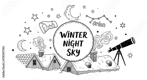 Winter night sky with telescope and constellations in hand drawn style