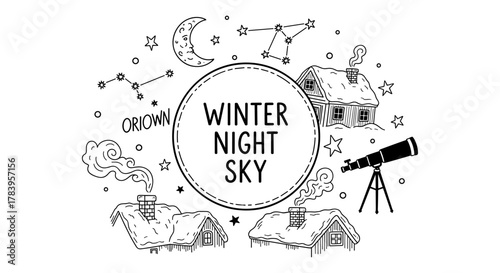 Winter night sky scene with snowy houses and telescope in linear style