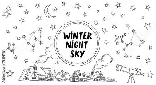 Enchanting winter night sky with stars and constellations for coloring