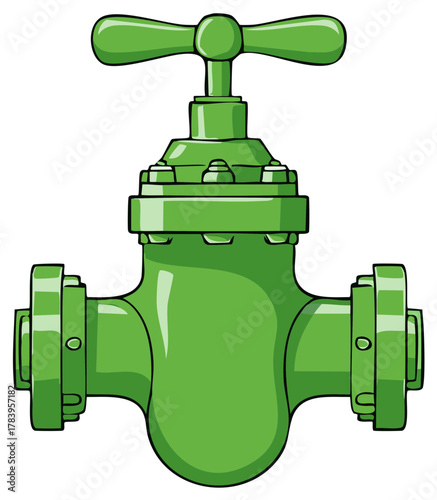 Cartoon illustration of a green industrial gate valve for plumbing and pipeline systems