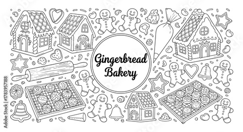 Gingerbread bakery outline with festive baking icons and decorative houses
