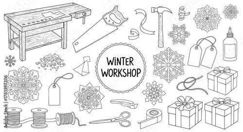 Winter workshop tools and crafts in black and white outline design