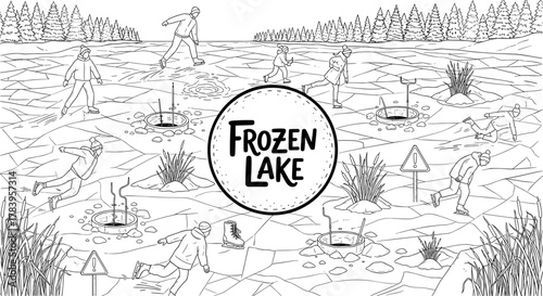 Winter fun on a frozen lake with people engaging in outdoor activities in outline style