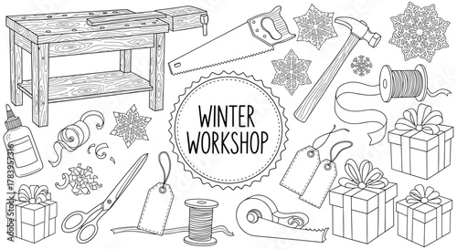 Winter workshop tools and crafts in black and white outline style