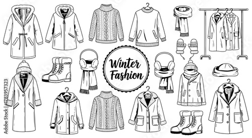 Elegant winter clothing collection with hand-drawn style