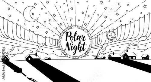 Winter landscape with northern lights and cozy cabins under starry sky