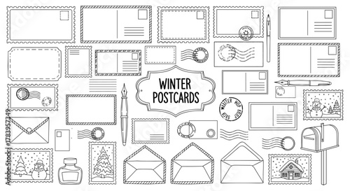 Hand drawn winter postcards collection with envelopes, stamps, and pens for holiday greetings