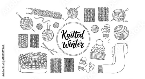 Cozy winter knitting collection with yarn, needles, sweater, scarf, and hat in black and white