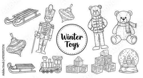 Hand drawn vintage winter toys collection with teddy bears and wooden blocks