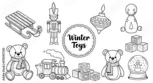 Vintage winter toys collection with sketch toy soldier, bears, and sled