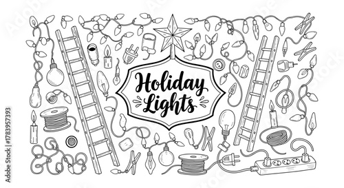 Festive holiday lights decorative doodle with ladders and bulbs