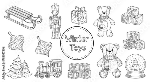 Christmas winter toy collection with bear and train in black and white line art