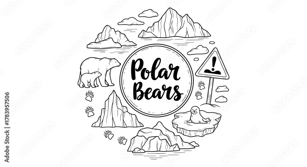 Fototapeta premium Hand-drawn polar bear and arctic landscape elements